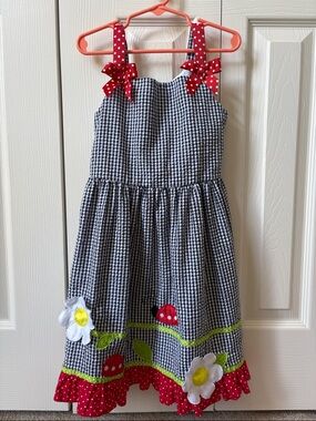 Rare Editions Girls Black & White Gingham Dress with Ladybug and Daisy (Size 6X)